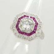 18ct white gold Art Deco-style octagonal 0.87-carat diamond and 0.24-carat ruby ring