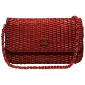 Chanel Red Wicker Classic Flap Shoulder Bag