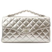 Chanel Circa 1997 Turn-Lock Plate Chain Hand Bag Silver
