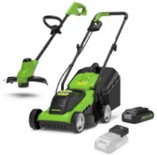 (R15D) 2 Items. 1x Greenworks 24V Lawn Mower With String Trimmer (Includes 2x 24v Battery And Charg