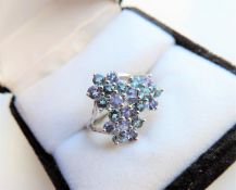 Sterling Silver Blue Topaz Triple Flower Cluster Ring