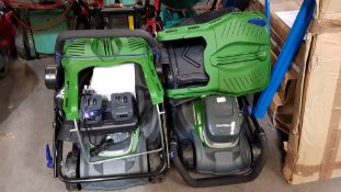 (R4J) 2x Powerbase Lawn Mowers. 1x Self Propelled Cordless YOJ SPO2 344OZA. 1x Self Propelled Cordl