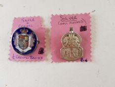 Hallmarked Silver ARP badge and Silver and Enamel Half Crown Badge.