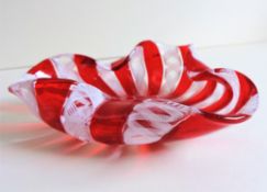 Vintage Murano Latticino Ribbon Freeform Glass Dish