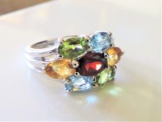 Sterling Silver 6ct Topaz, Citrine, Peridot & Garnet Multi Gemstone Ring