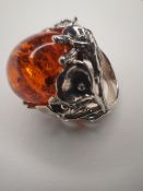 Vintage Large Silver Amber Ring
