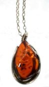 Vintage Silver Cherry Honey Amber Pendant Necklace