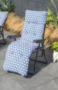 (R3J) 2x Relater Sunbed Chair. 1x Blue Geo. 1x Black Leaf Miami. (Both Units Have Arm Damage. See