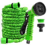 (R5C) 4x Expandable 15M Garden Hose And Connectors. 2x 15M Garden Hose And Reel Set. 1x Lawn Rake.
