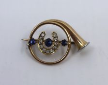 Edwardian Diamond & Sapphire Gold Hunting Horn Brooch