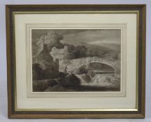 Henry Pope (British,1843-1908) Monochrome Watercolour Cynwyd Bridge