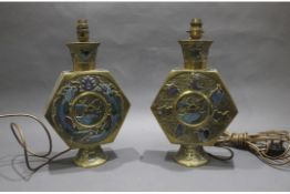 Pair of 19th c. Japanese Enamelled Brass Moonflask Table Lamps