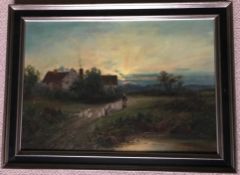 Large English school unsigned landscape oil painting - Feeding The Ducks