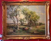 Large James Alick Riddell RSA (1857 - 1928, Scottish) signed oil painting cattle in Summer pasture