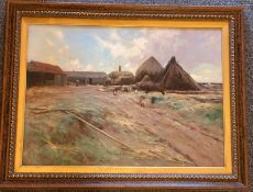 Large Robert Russell McNee (1880-1952, Scottish) signed oil painting Stacking the Hay
