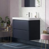 New (U64) Lambra 600mm 2 Drawer Wall Hung Vanity Unit - Matt Indigo. RRP £549.99. Comes Comp...