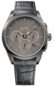 Hugo Boss 1513366 Men's Onyx Grey Leather Strap Quartz Chronograph Watch