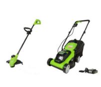 (R13F) 1x Greenworks 24V Battery Powered 33cm Lawn Mower & String Trimmer. (1x Battery & Charger).