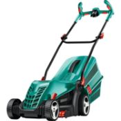 (R14F) 3x Bosch Electric Lawn Mower. 2x Rotak 37-14 Ergo (1x Damage To Wheel). 1x Rotak 34-13. Comb