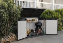(R16) 1x Keter Premier Jumbo Outdoor Plastic Garden Storage Shed Grey RRP £385. Piston Assisted Li