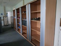 Desk x9, Desk screen x11, Chair x11, Bookcase x4, 4 drawer filer x4, Tambour unit x7, Coat stand