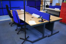 Wave desk hardwired LH x2, W1600x800 Wave desk Hardwired RH x2, Pedestal, Task chair x2, Coat stand