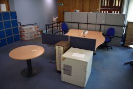 Wave Desk LH & RH, Footrest, Desk Screen, Task Chair, Desk Screen, 15 drawer unit, 1000dia table