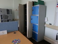 Desk LH x3 & RH x3, Screen x3, Chair x3, Bookcase, Locker unit, Door unit x2, Locker unit, Step