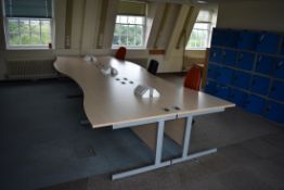 Desk LH x3 & RH x3, Task Chairs x3, Bookcase x4, Tables x2, Coat Stand x2, Locker Unit x4, Pinboard
