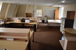 Desk x12, Bookcase x7, Drawer filer x3, Tambour door unit, Pigeon Hole unit, Whiteboards x2 & more