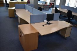 Hardwired Desk LH x3 & RH x3, Desk Screen, Task Chair, Pedestal, Low hinged door cabinet, Monitor