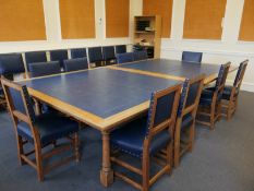 Table with blue leather inlay x2, Leather dining chairs x19, Open bookcase, flip chart, Task chair