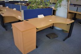 Hard wired Corner desk LH & RH, desk screen, footrest, task chair, coat stand, desk high pedestal