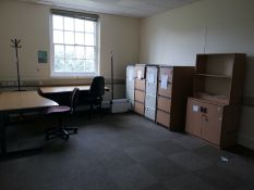 Wave Desk LH, Chairs, 4 drawer filer, Door unit, Bookcase, 15 drawer unit, Coat stand, Whiteboard