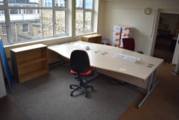 Hard Wired Wave Desk LH x2 & RH x2, Low open bookcase x2, Task Chairs x2, Pinboard, Step