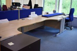 Hardwired Desk LH x3 & RH x3, Desk Screen x3, Task Chair x3, Pedestal x2, 2 drawer filer, bookcase