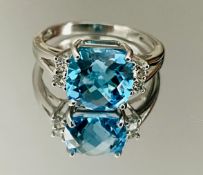 Beautiful Natural Blue Topaz Ring With Diamonds And 18k White Gold