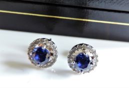 Sterling Silver Sapphire & Diamond Earrings New with Gift Box