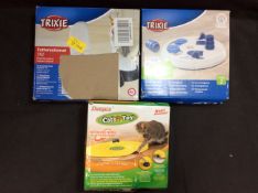 3x Mixed Pet Items To Include Automatic Food Dispenser, Cat Toy, Dog Activity Flip Board