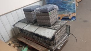 1x Grey Rattan Sofa. With 2x Stools & 2x Cushion. Unit Appears Unused, As New, But No Fixings. (Uns