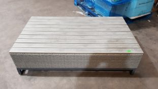 (16) 1x Grey Rattan / Wood Effect Garden Coffee Table (120x 70x 33cm). Unit Appears Clean, As New.