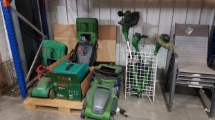 (16) Mixed Garden Lot. Approx. 9x Items. To Include 3x Lawnmowers (Bosch, Qualcast & Powerbase). 4x