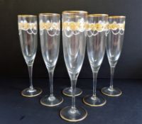 Vintage Murano Salviati Champagne Flutes Gold & White Enamelled