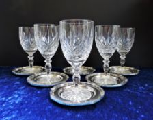 Vintage Cut Crystal Wine Glasses and Silver Plate Coasters Set of 6