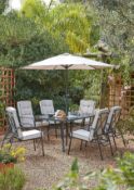 (15) 1x Rowly 8 Piece Garden Set. 6x Reclining Metal Chairs (No Cushions In Lot). 1x Toughened Glas