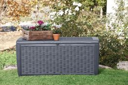 (1C) 1x Keter Sumatra Rattan Effect Outdoor Garden Storage Box RRP £110. 511L - Dark Grey (L145x
