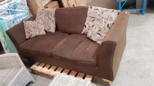 (16) 1x Brown Sofa With 1x Brown Back Cushion & 4x Brown Patterned Cushions. (Used Condition). (W20