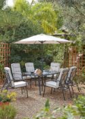(5A) 1x Rowly 8 Piece Dining Set. (Chairs & Cushions Appear As New – Boxed). Table, Table Legs & Pa