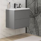 New (J71) Perla 600mm 2 Drawer Wall Hung Vanity Unit Matt Grey. RRP £416.15. The Beautiful Si...