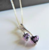 Amethyst & Diamond Heart Shaped Pendant Necklace New with Gift Box